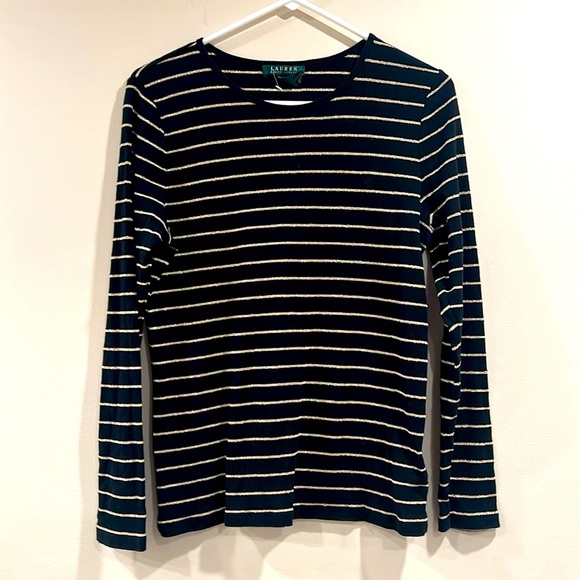 🔥Ralph Lauren Black and Shimmer Gold Striped Top🔥 - Picture 1 of 7